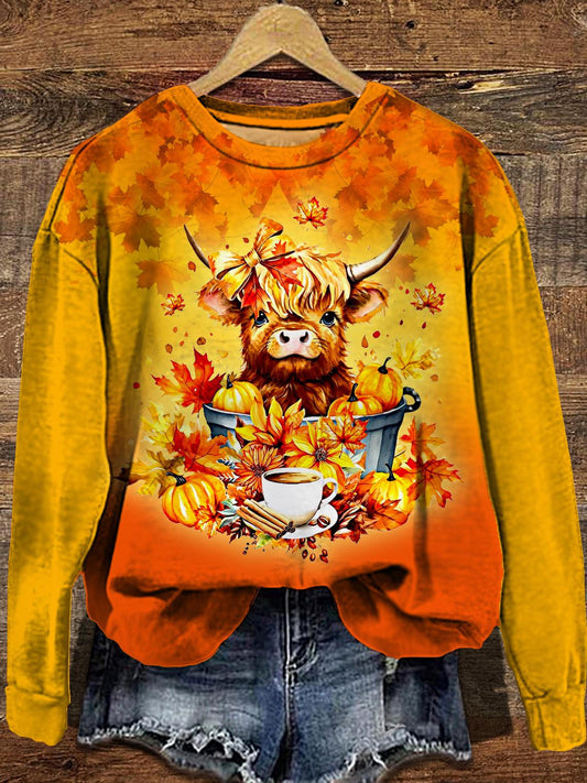 Women's Fall Pumpkin Highland Cow Long Sleeve Casual Top