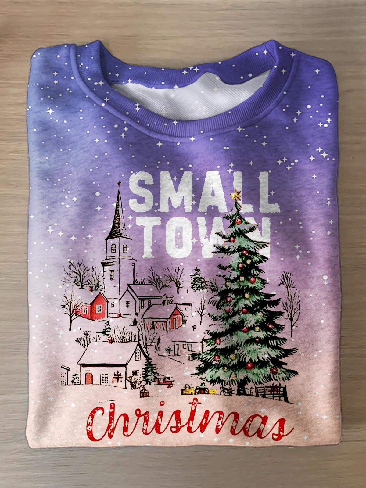 Women's Small Town Christmas Printed Long Sleeve Casual Top