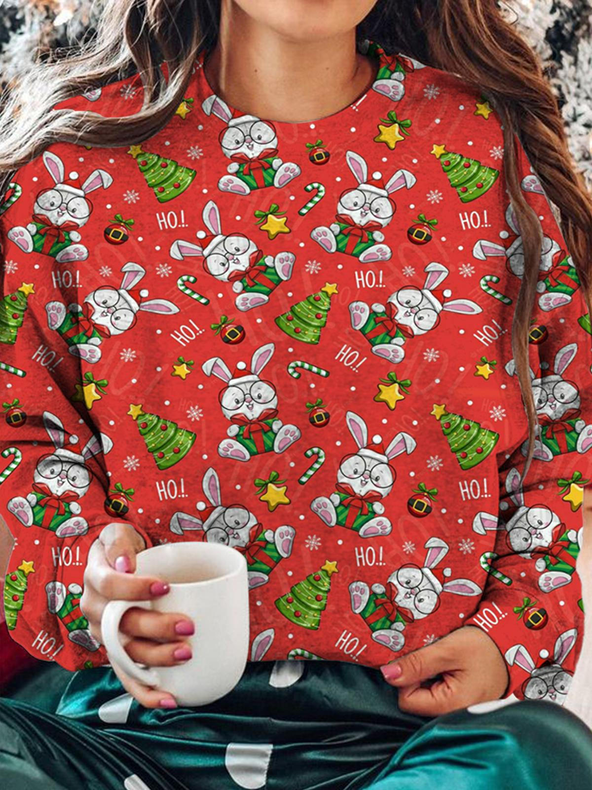 Women's Christmas Cute Bunny Print Casual Long Sleeve Top