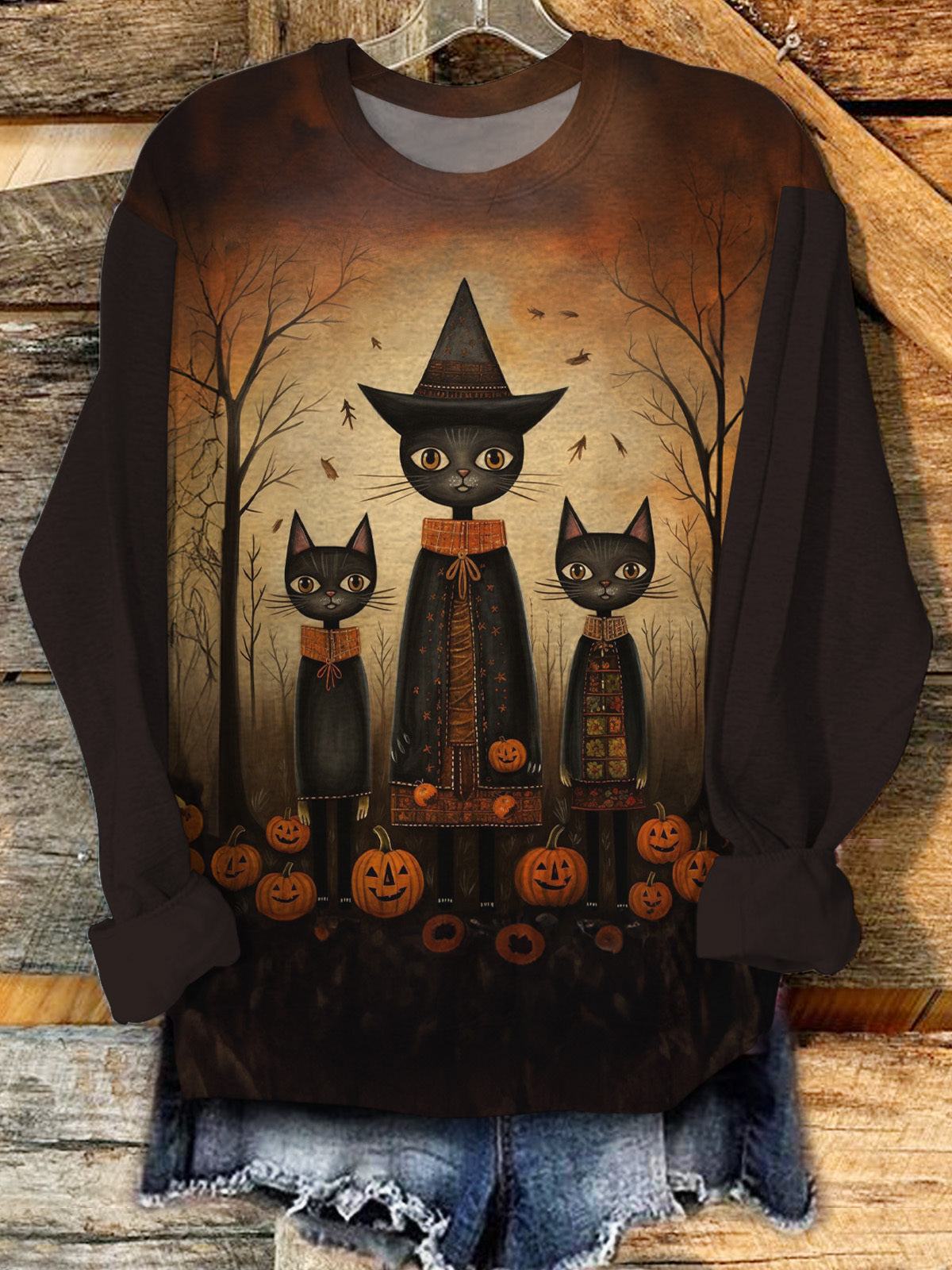 Women's Gothic Retro Cat Print Round Neck Long Sleeve Top