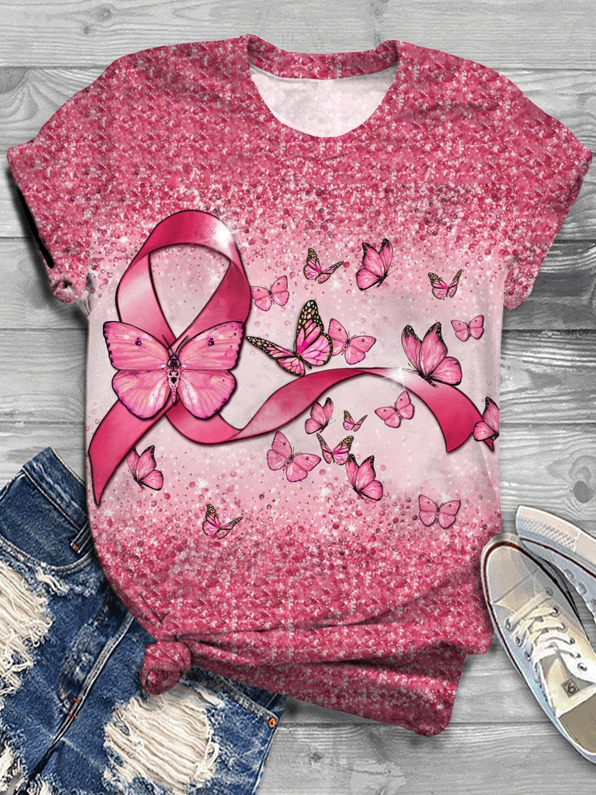 Breast Cancer Ribbon Butterfly Print Crew Neck T-shirt