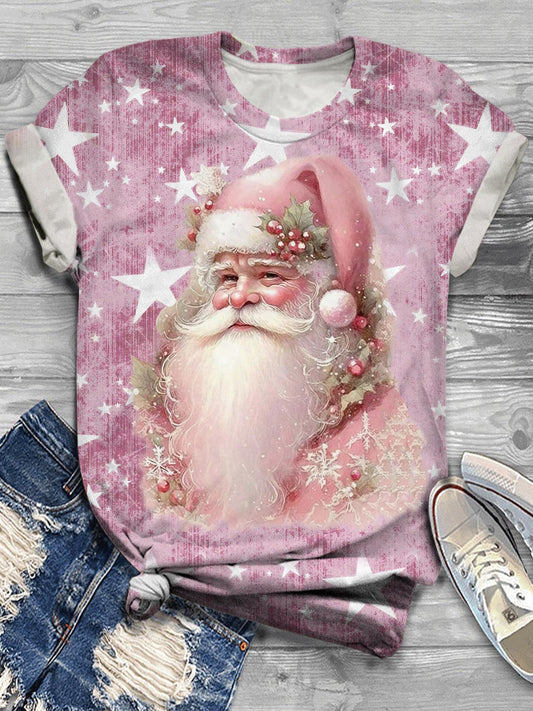 Women's Christmas Santa Claus Cute Star Print Round Neck Casual T-shirt