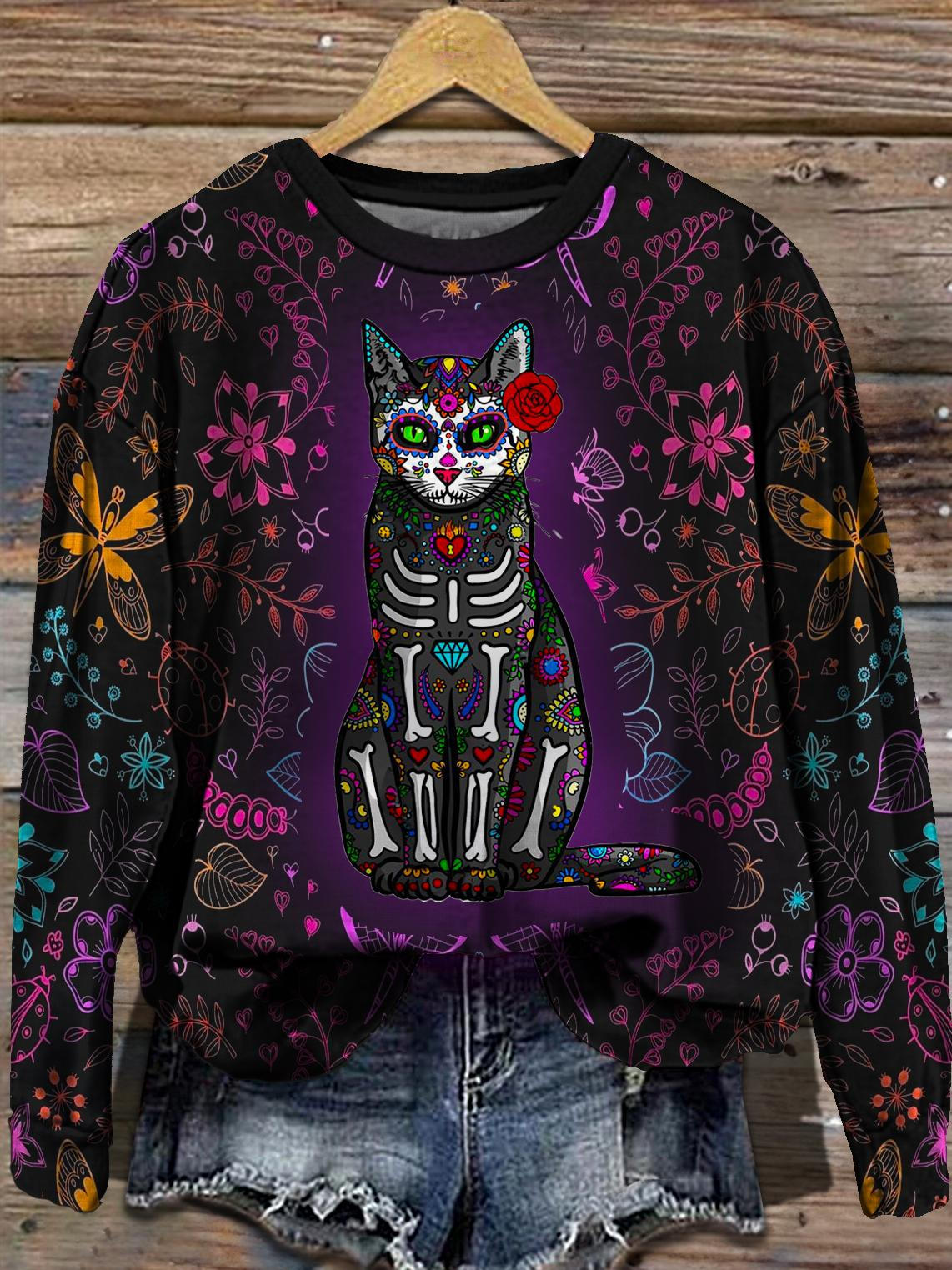 Women's Day of the Dead Flower Cat Round Neck Long Sleeve Top