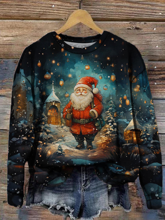 Women's Santa Claus Snow Sky Printed Casual Long Sleeve Top