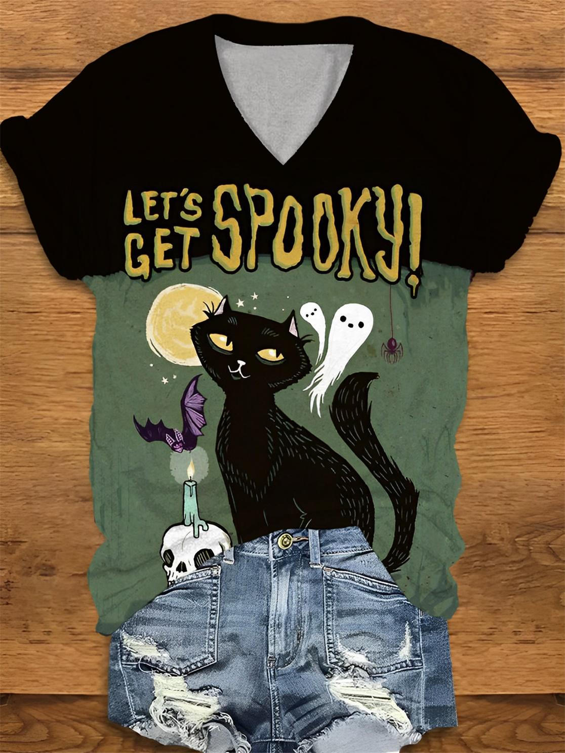 Let's Get Spooky! Cat Print V-Neck T-Shirt