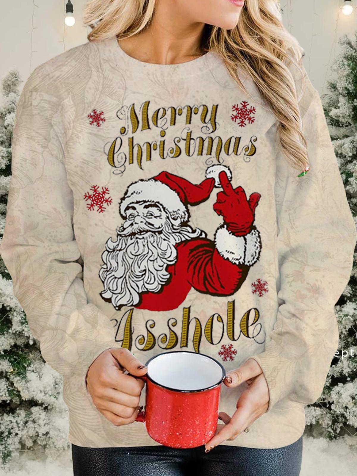 Santa Claus Merry Christmas Printed Long Sleeve Casual Top