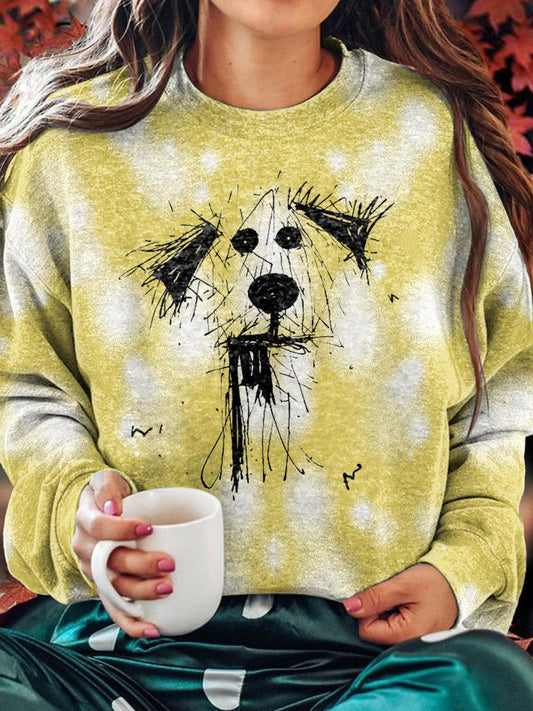 Women's Messy Lines Puppy Print Crew Neck Casual Sweatshirt