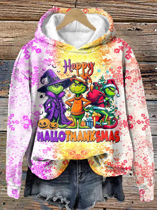 Happy Hallothanksmas Printed Long Sleeve Printed Hoodie