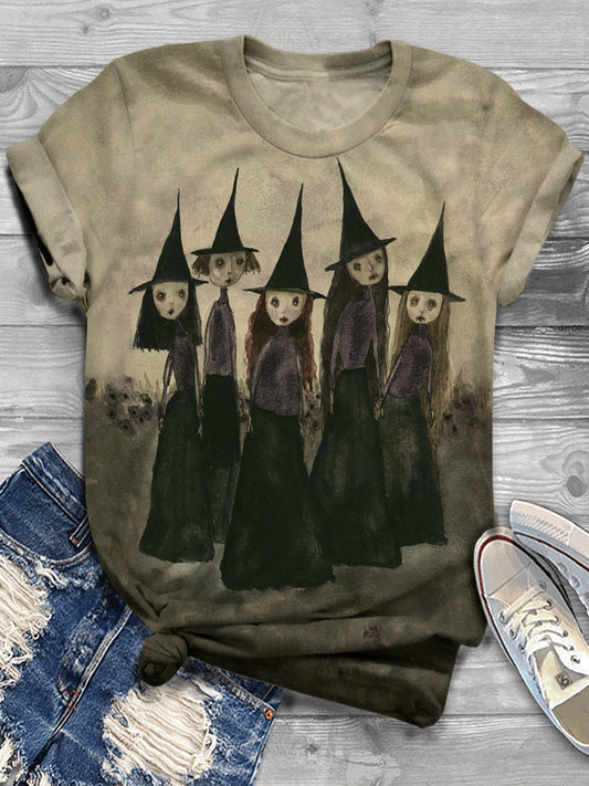 Witch Halloween Vintage Distressed Casual Crew Neck T-Shirt