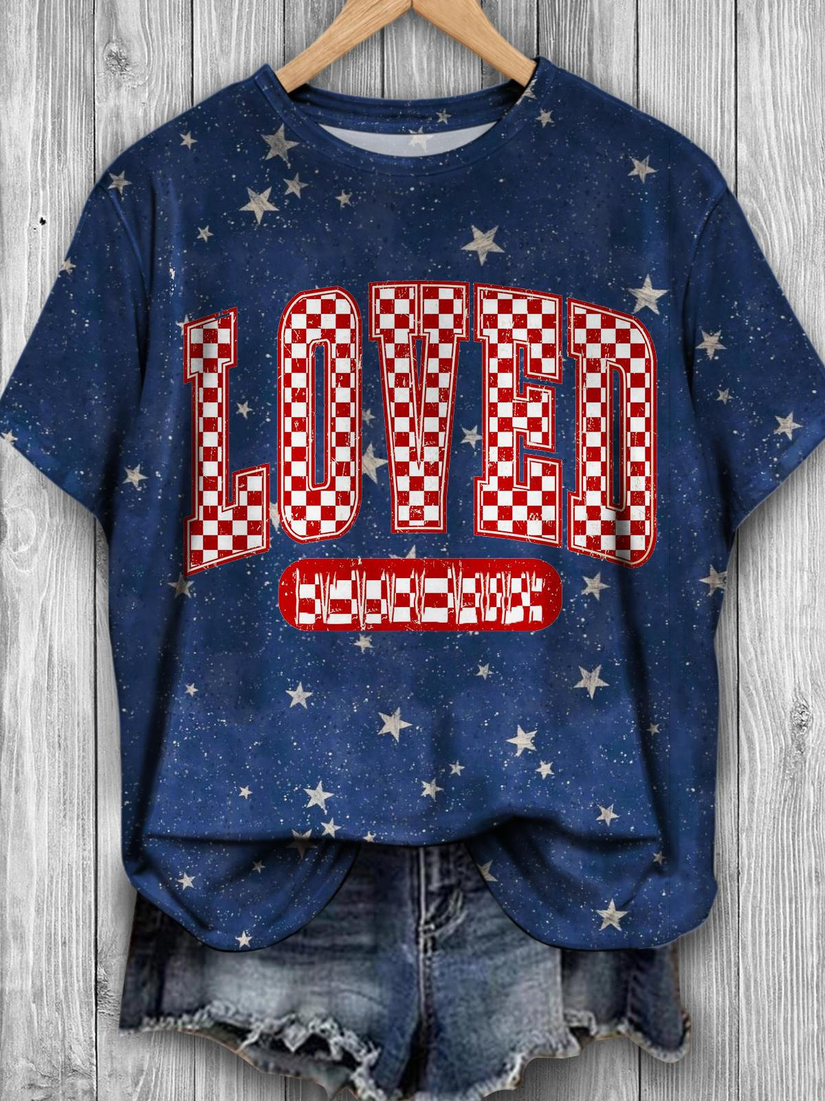 Loved Plaid Fun Text Valentine's Day Star Retro Print Casual T-shirt