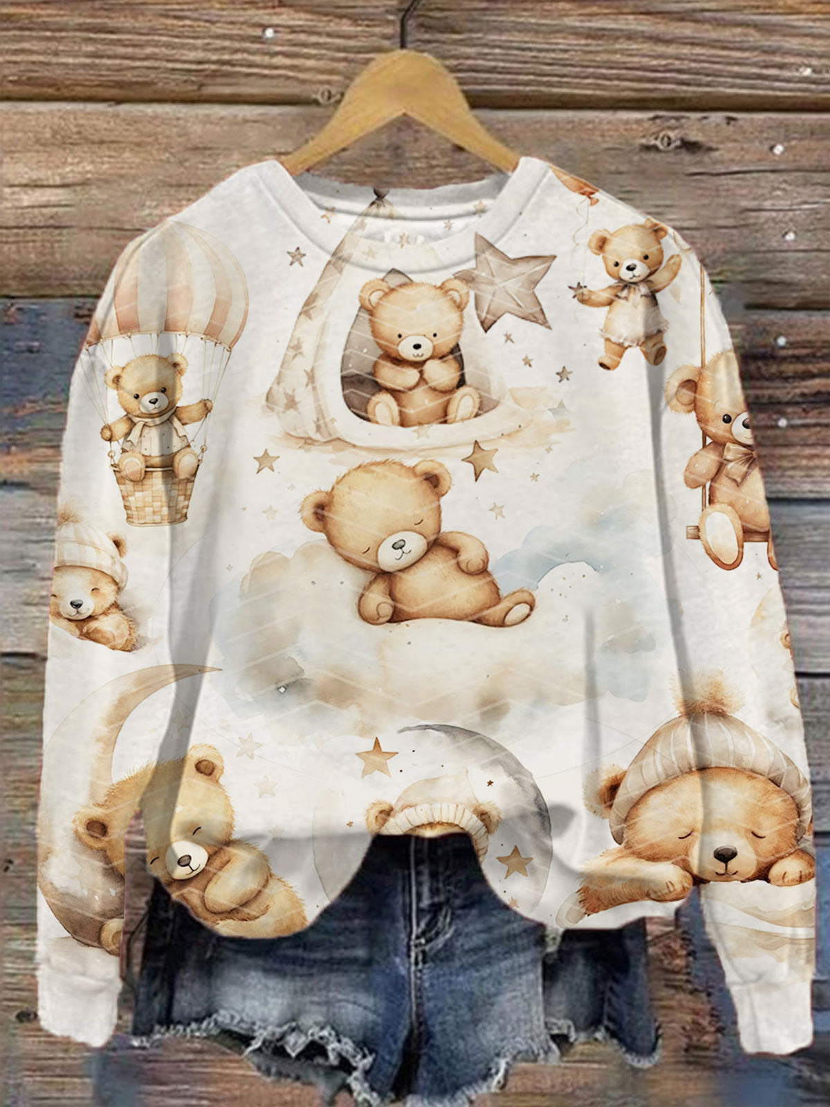 Retro Cute Teddy Bear Print Long Sleeve Top