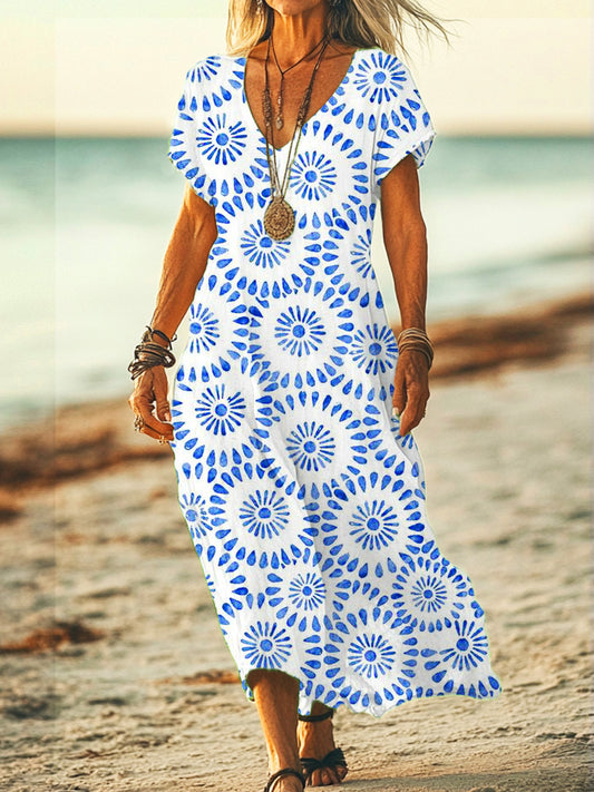 Ocean Pattern Beach Vacation Print V-neck Short Sleeved Long Dress