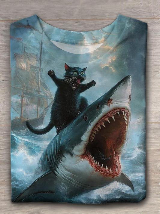 Funny Black Cat and Shark Battle Art Print Crew Neck T-shirt