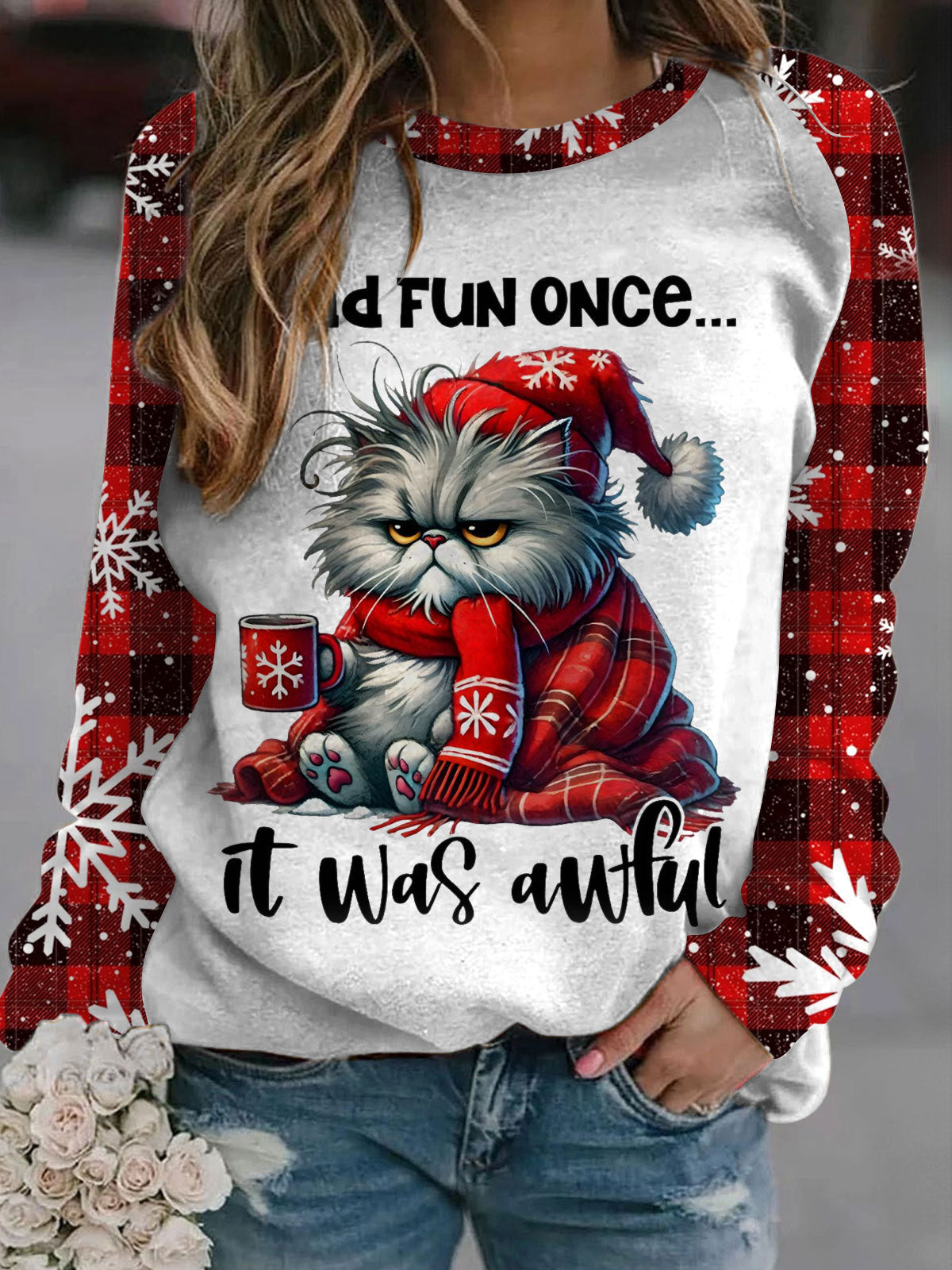 Funny Grumpy Cat Winter Christmas Long Sleeve Casual Top