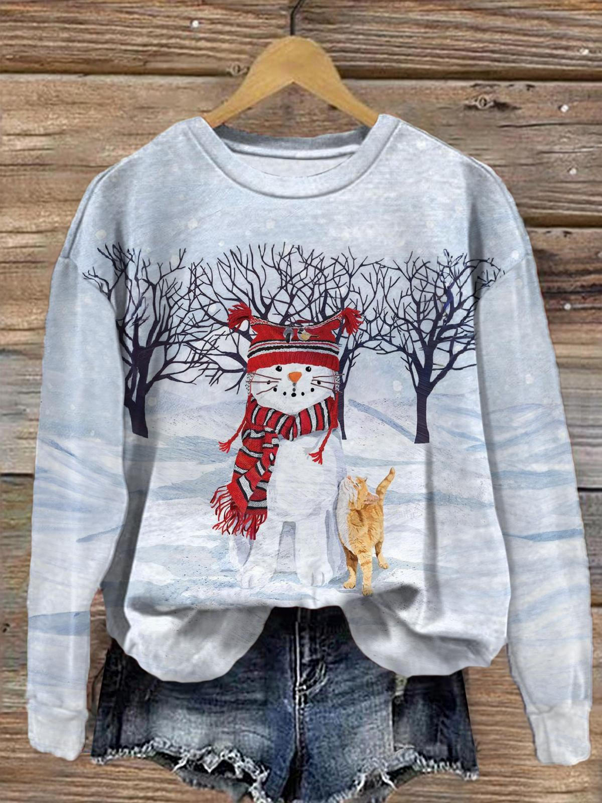 Women's Cute Snowman And Cat Christmas Printed Long Sleeve Casual Top