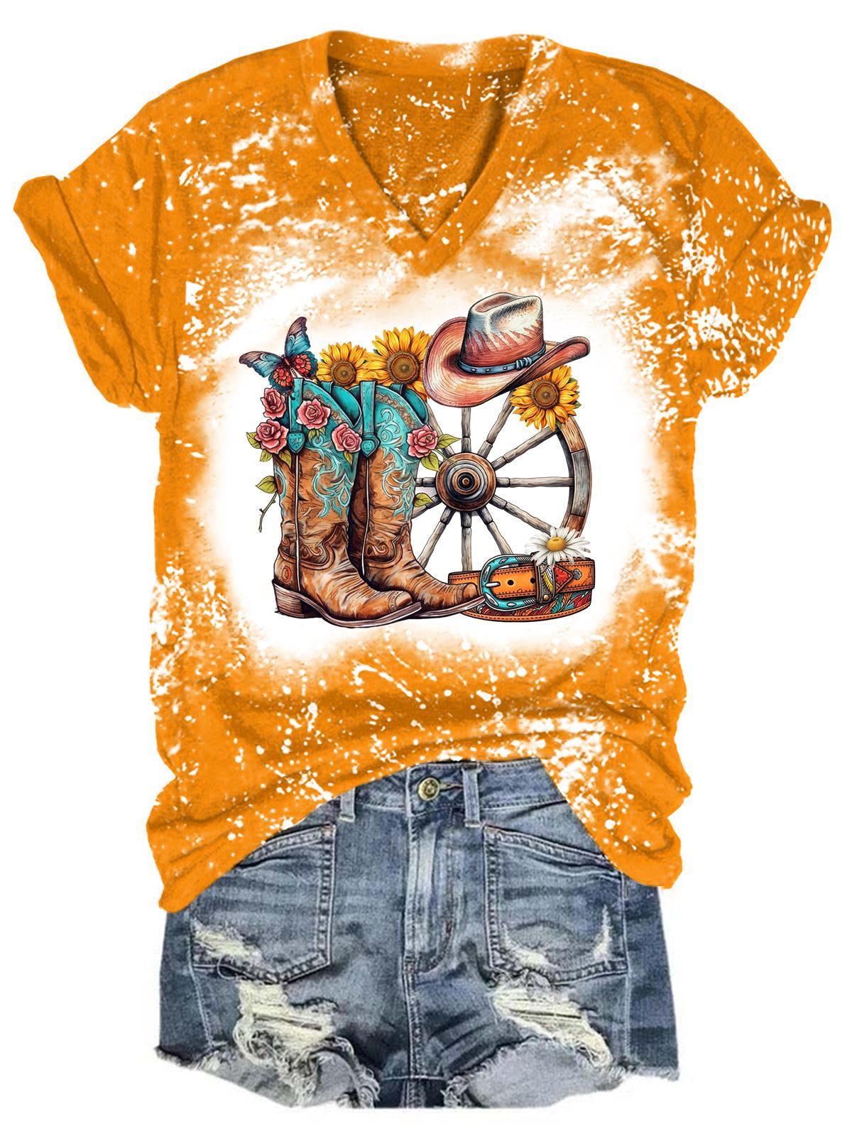 West Tie Dye Print V Neck T-Shirt