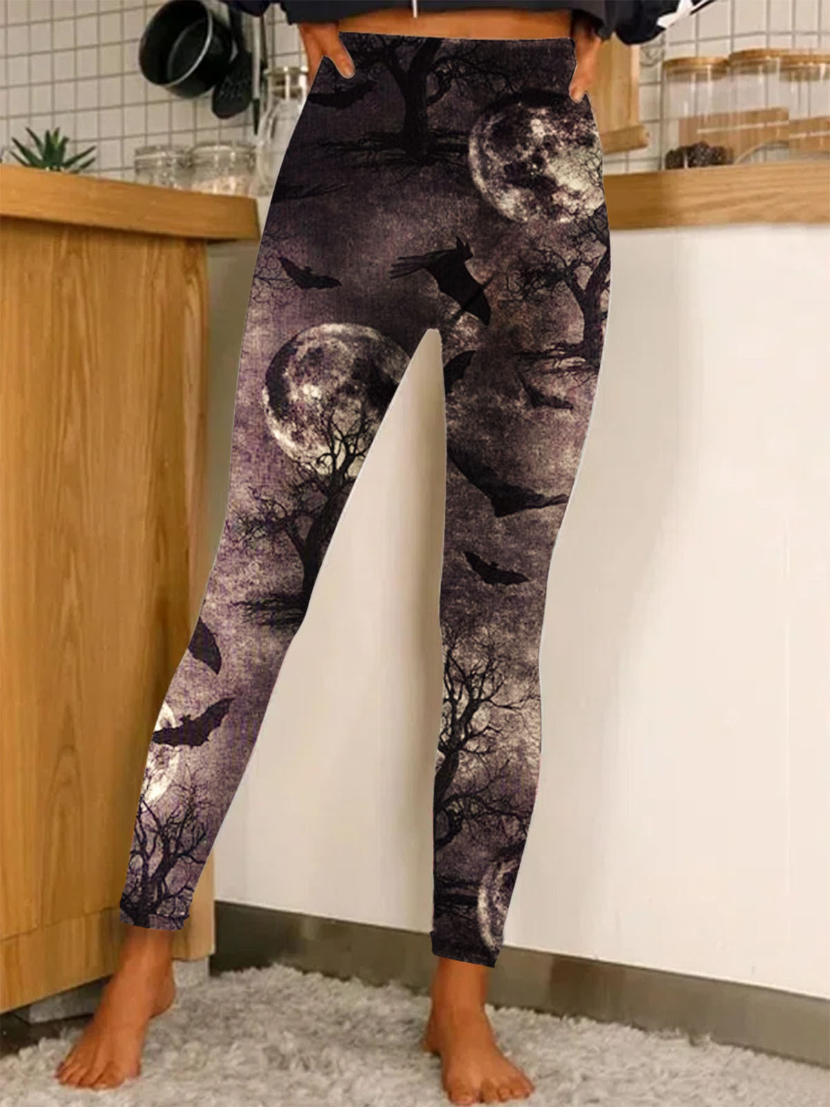 Halloween Dark Bat Print Stretch Pants