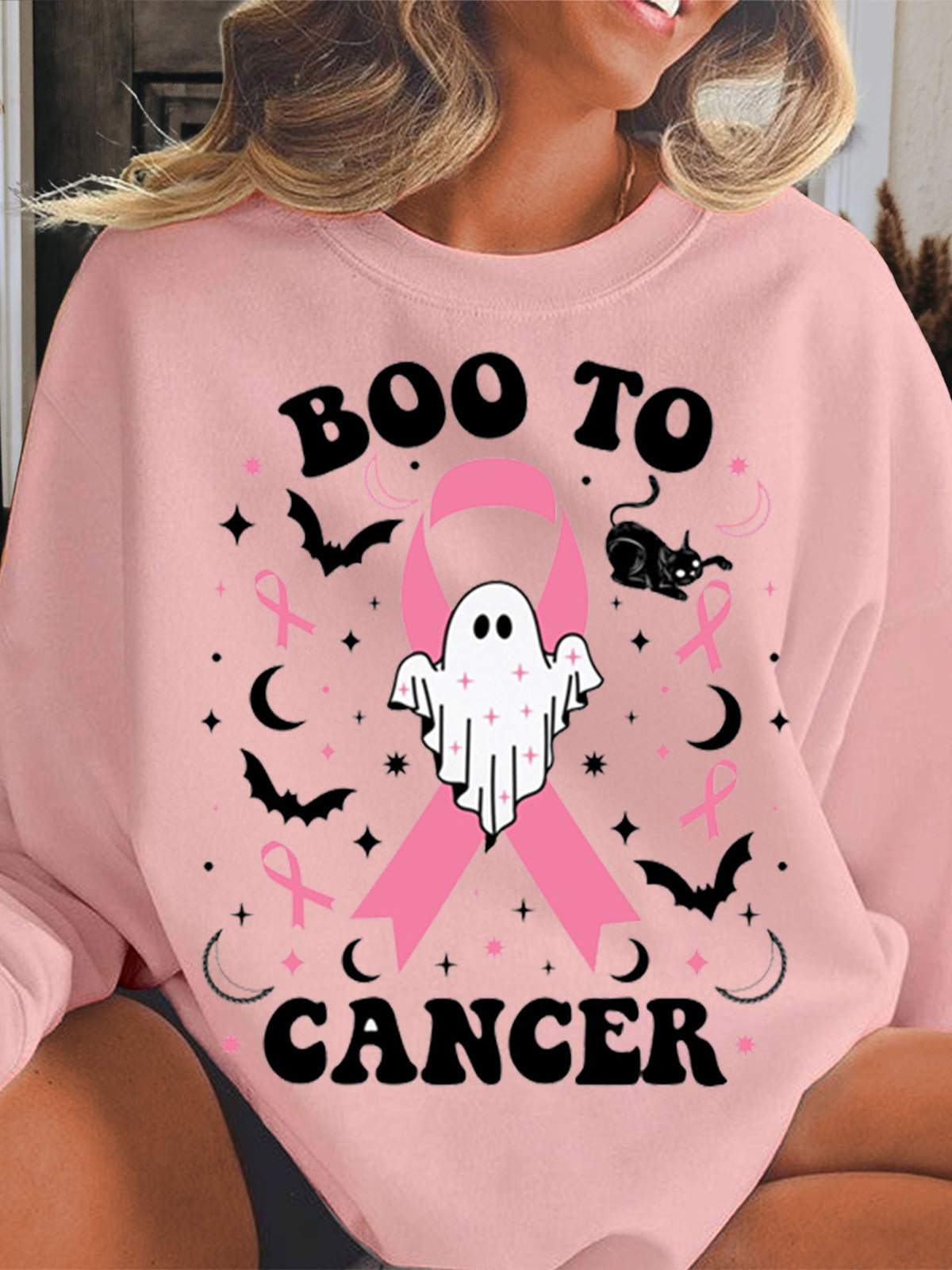 Boo To Cancer Printed Long Sleeve Casual Top