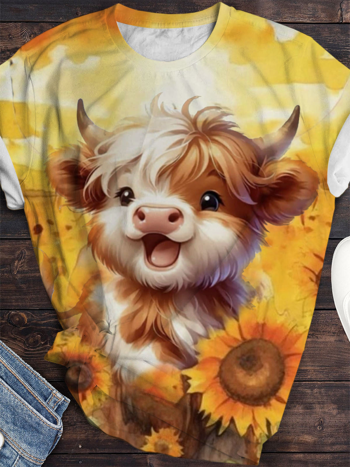 Cute Highland Cow with Sunflowers Crew Neck T-shirt