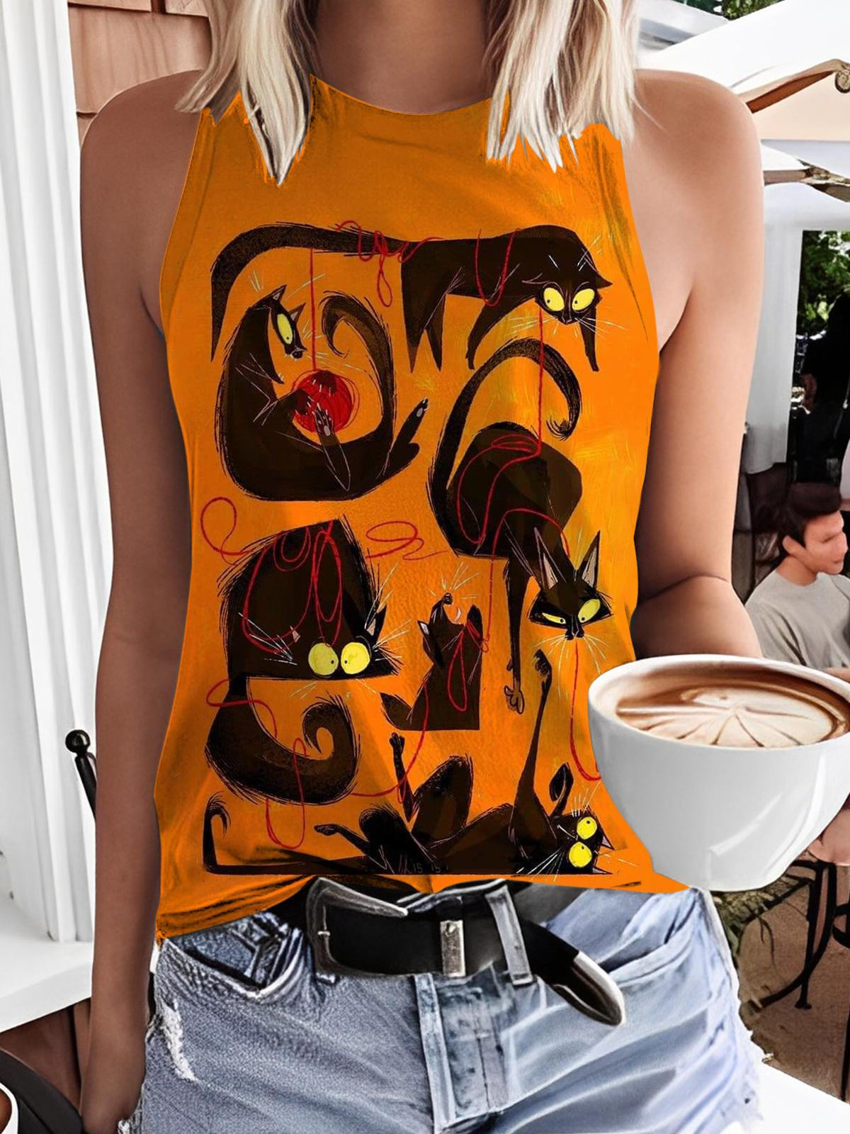 Women's Vintage Funny Cat Animal Art Print Fashion Vest