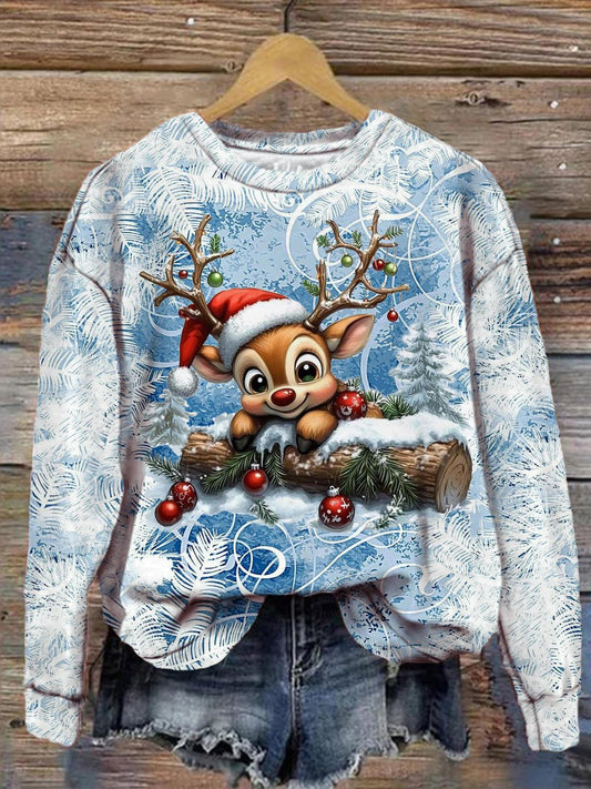 Women's Sika Deer Snow Scene Christmas Print Long Sleeve Top