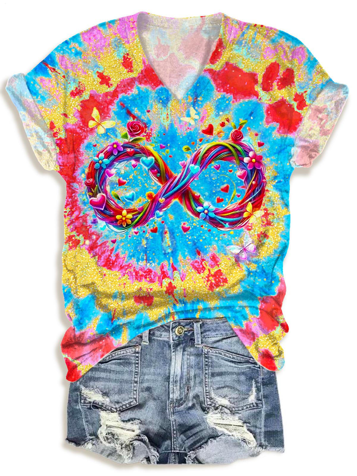 Vintage Tie-Dye Autism Print V-neck T-Shirt