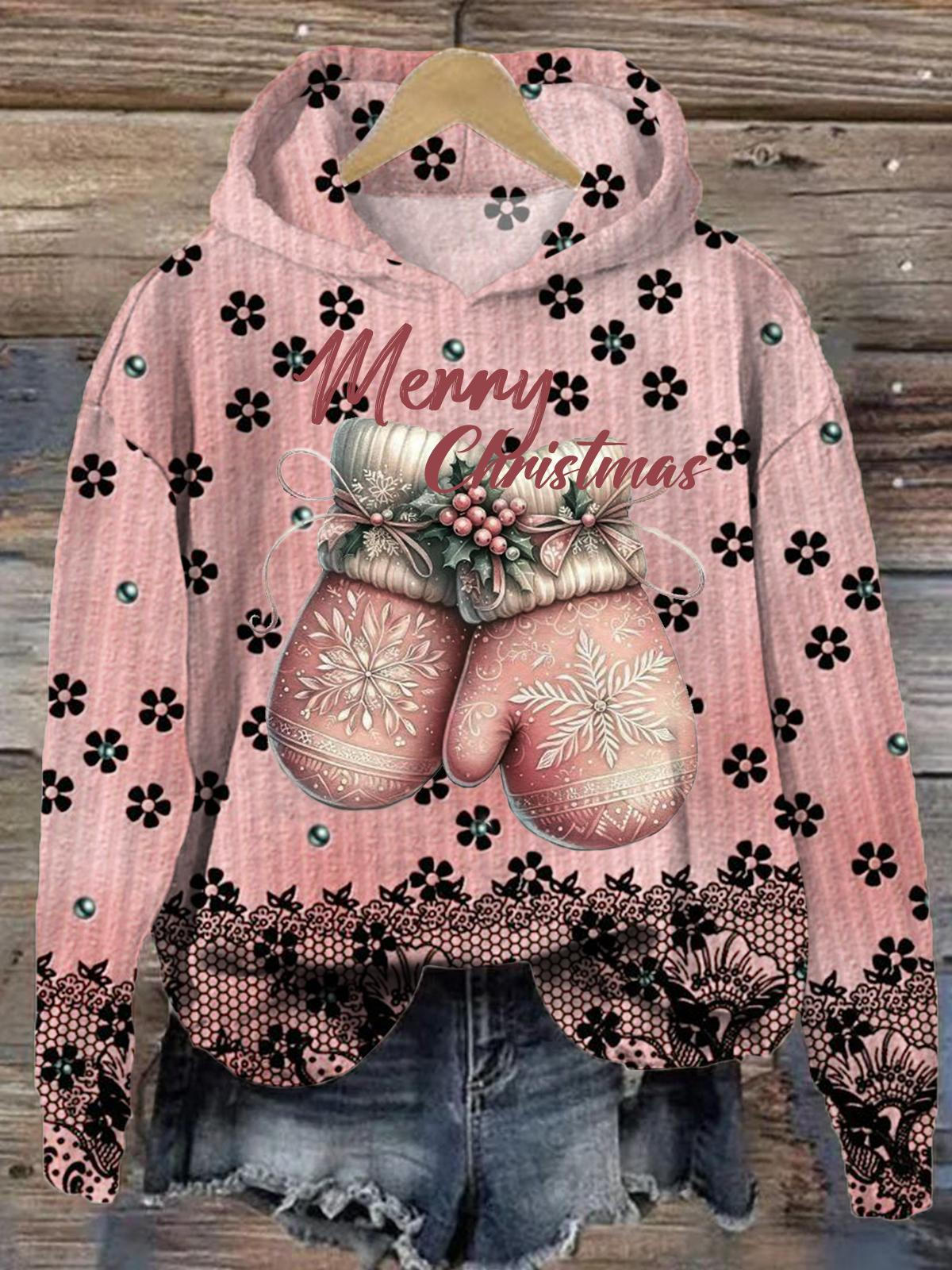 Women's Christmas Cute Gloves Lace Print Long Sleeve Top