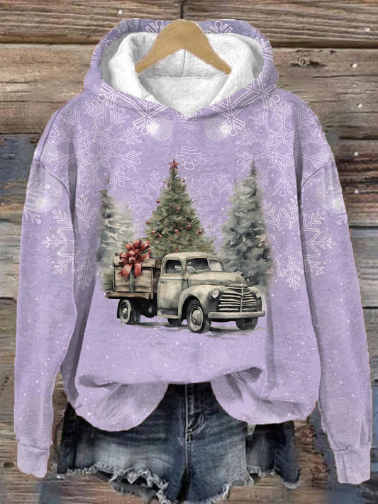 Vintage Christmas Truck Long Sleeve Printed Hoodie