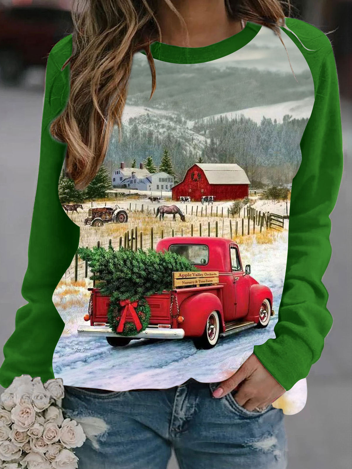 Christmas Truck Tree Farm Memories Long Sleeve Casual Top