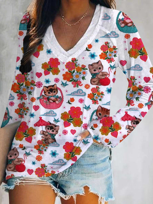 Kittens Baskets Print V-Neck Long Sleeve Top