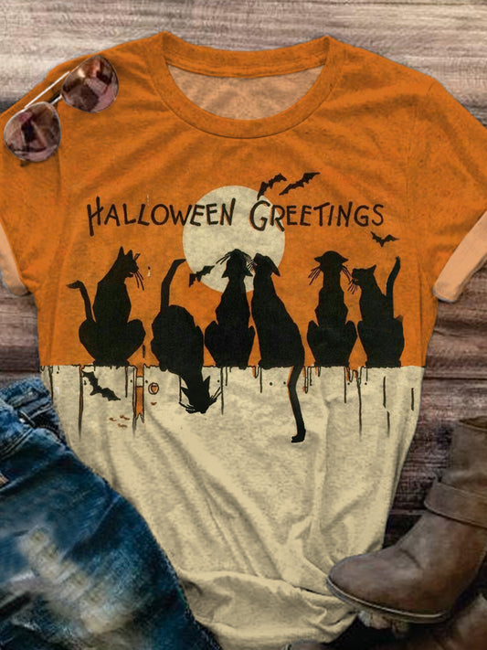 Halloween Greetings Retro Cat Print Short Sleeve T-Shirt