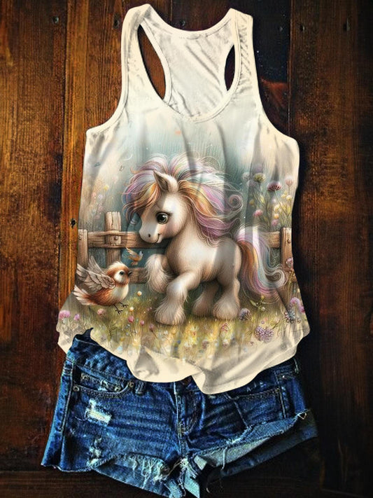 Cute Pony And Sparrow Printed Casual Tank Top