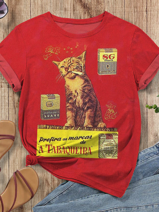 Vintage Advertising Art Cat Illustration Print T-shirt