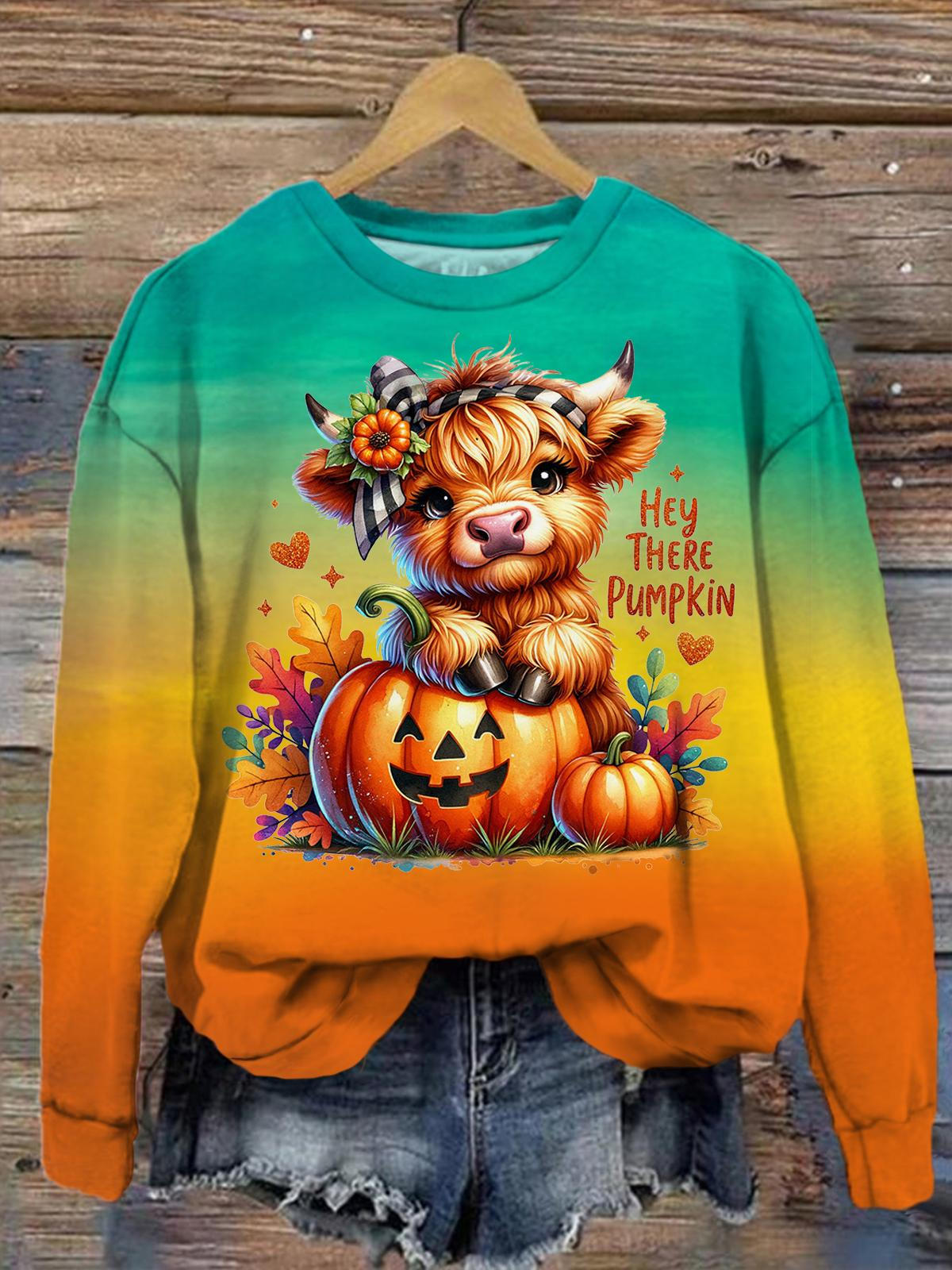 Hey There Pumpkin Cute Calf Pumpkin Print Long Sleeve Top