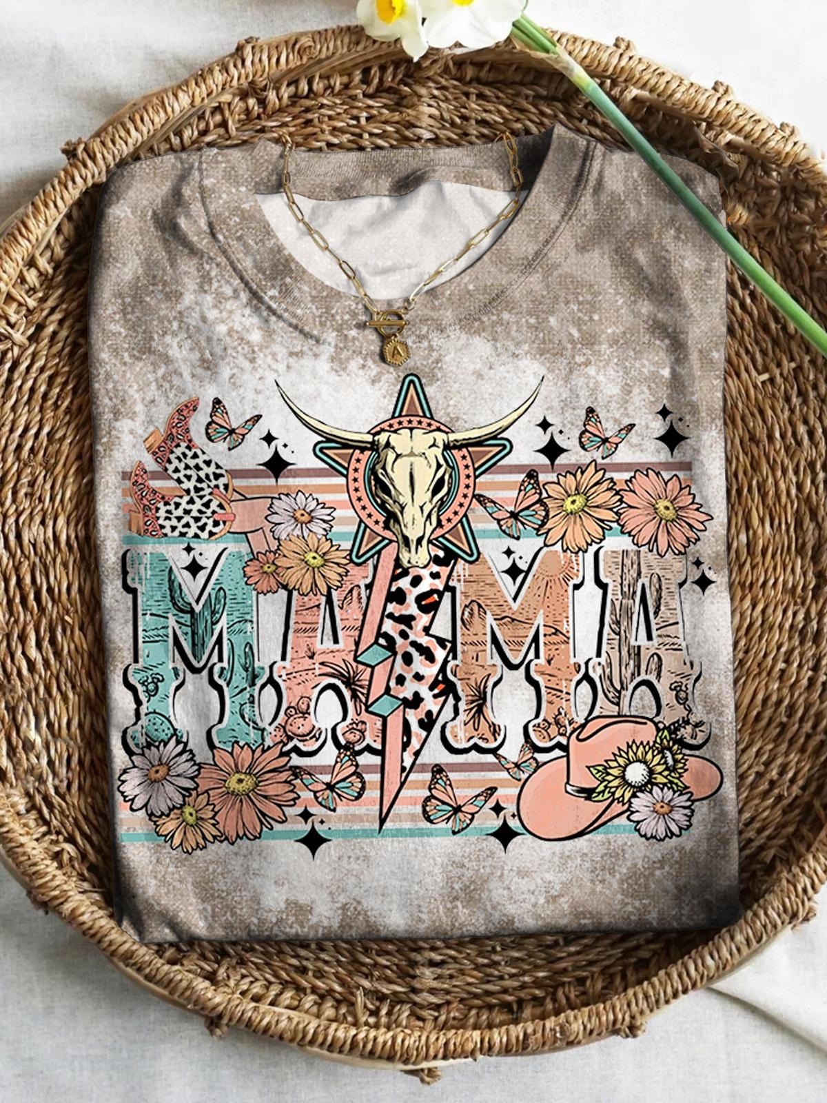 Mama Mother's Day Western Denim Vintage Casual Print T-shirt