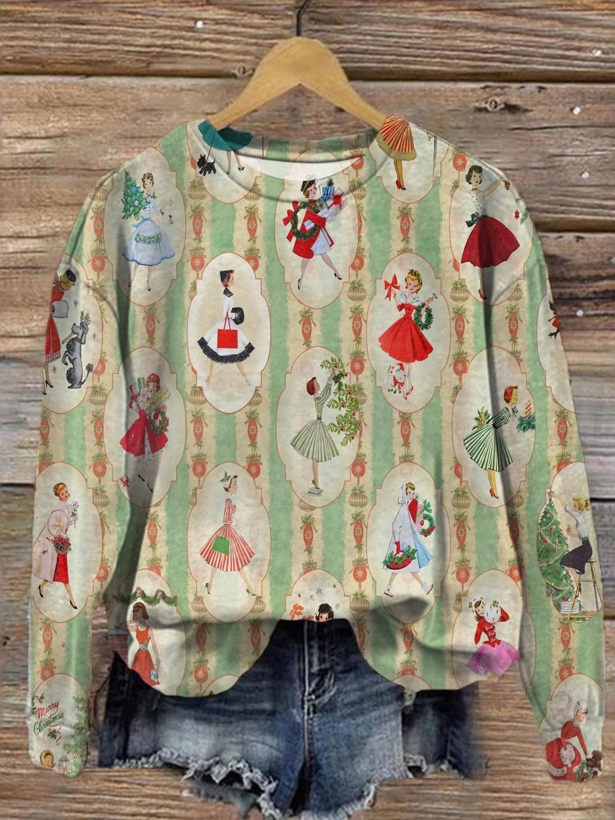 Women's Vintage 1950s Mid Century Christmas Crew Neck Casual Sweatshirt