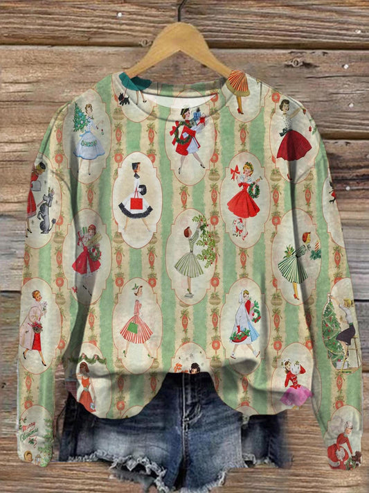 Women's Vintage 1950s Mid Century Christmas Crew Neck Casual Sweatshirt