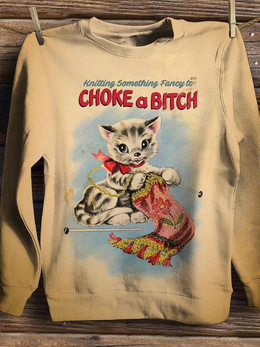 Women's Retro Cat Choke A Bitch Print Casual Long Sleeve Top