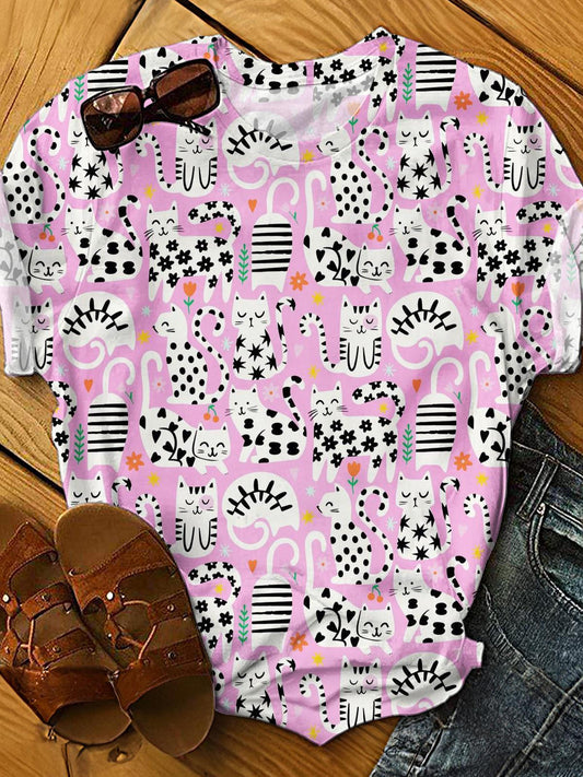 Cute Spotted Cat Print Crew Neck T-shirt