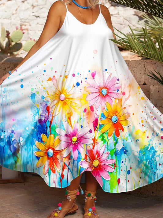 Colorful Daisy Art Printed Casual Spaghetti Strap Dress