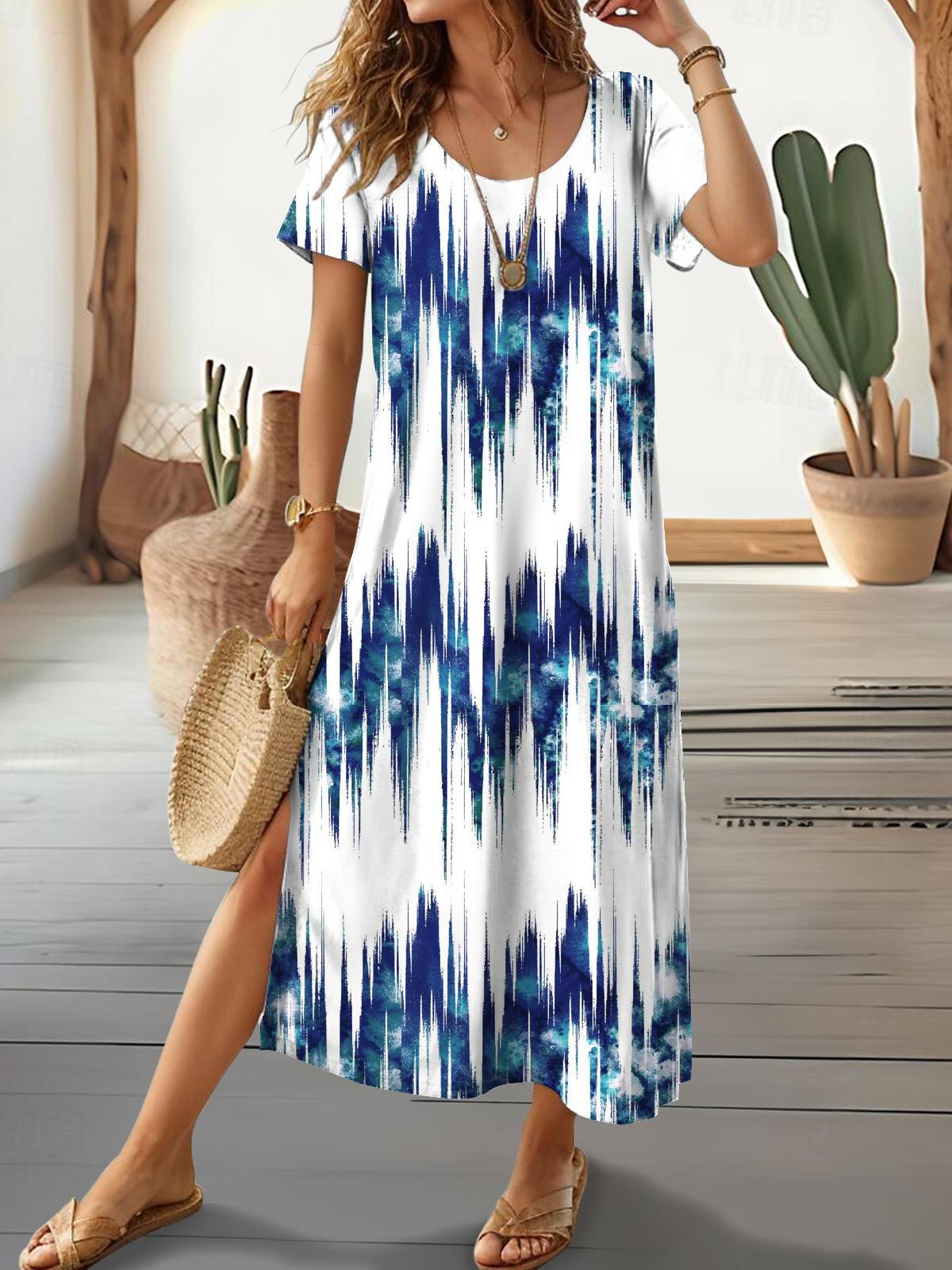 Blue Tie Dye Short Sleeve Crew Neck Dress