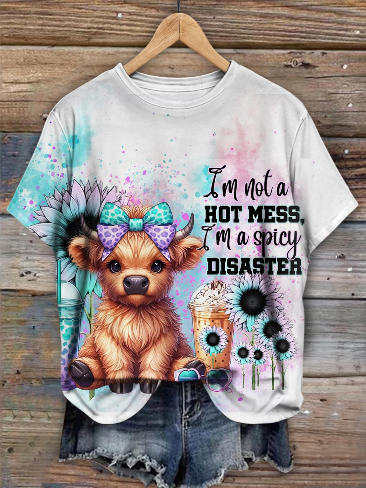 Im Not A Mess Funny Highland Cow Print Crew Neck T-shirt