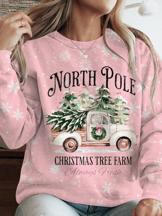 Women's Retro Pink Christmas Crew Neck Casual Sweatshirt