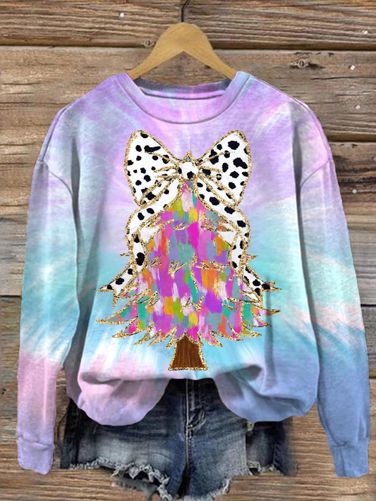 Women's Rainbow Light Strip Bow Christmas Tree Crew Neck Casual Sweatshirt