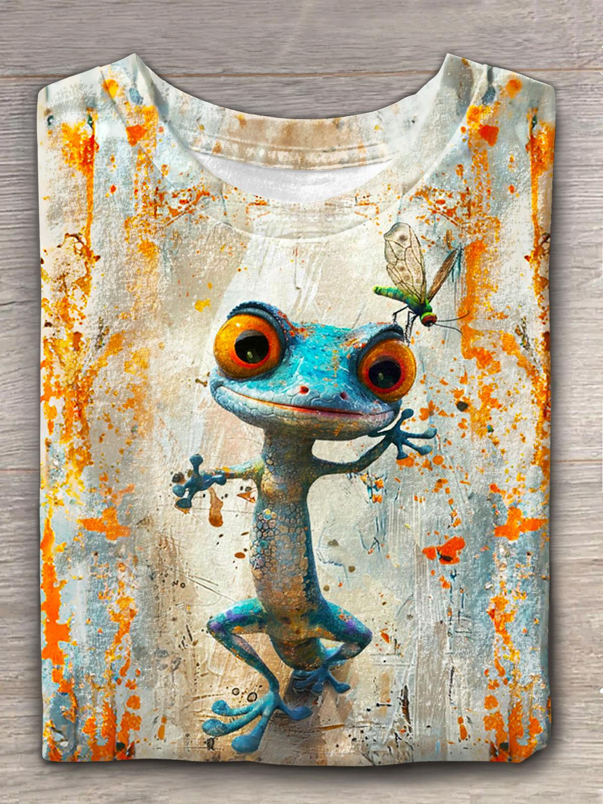 Fun Big-Eyed Gecko Print Crew Neck T-shirt