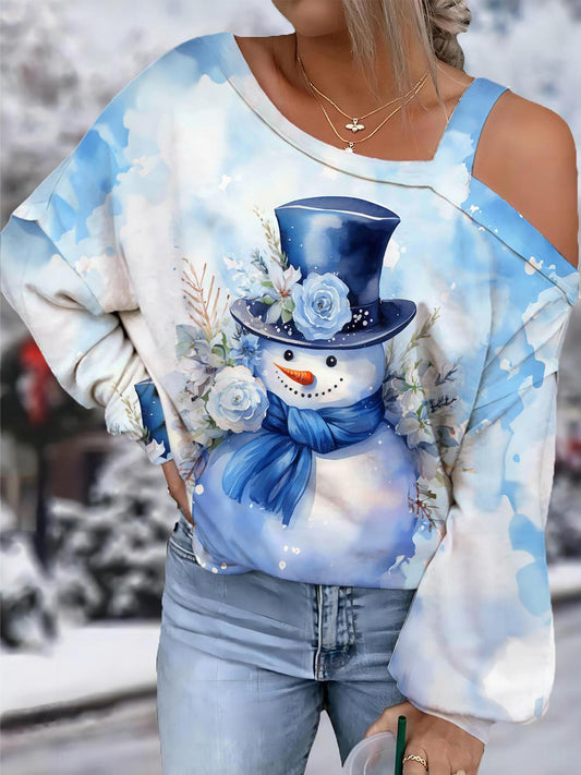 Blue Flower Snowman One Shoulder Long Sleeve Tops