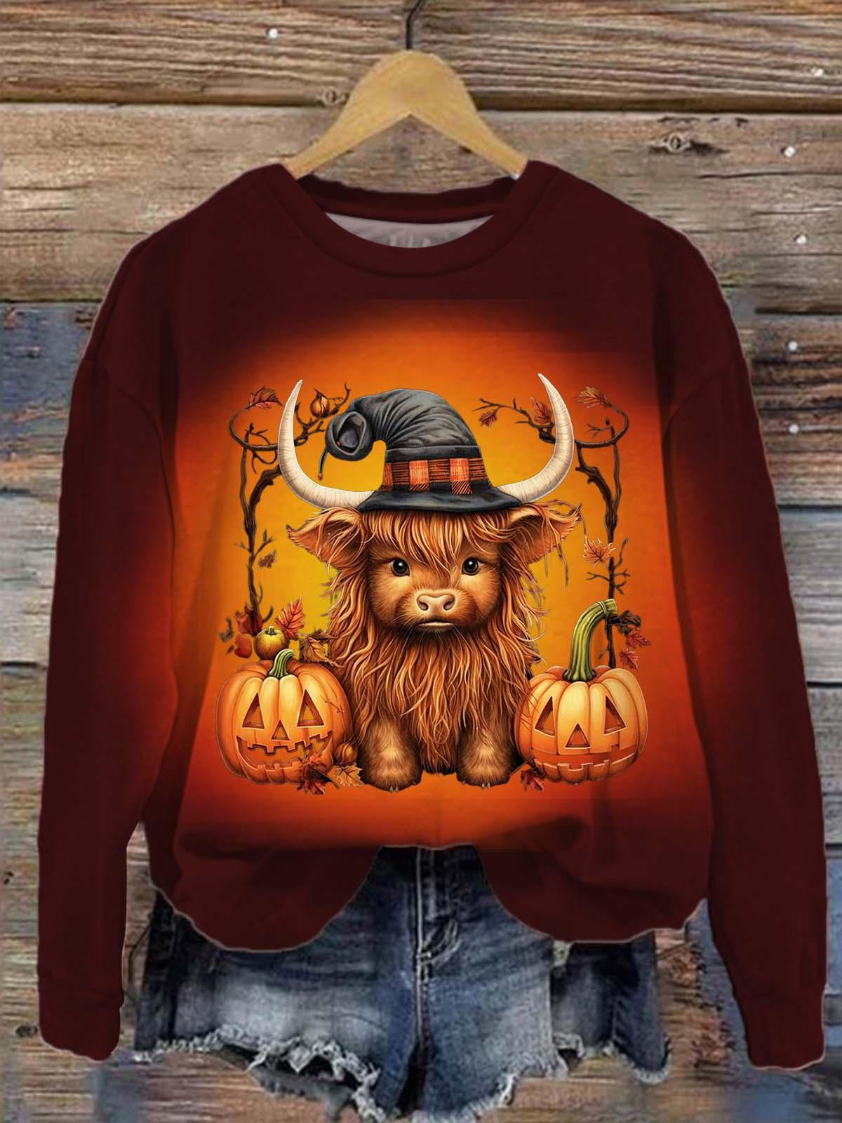 Women's Pumpkin Highland Cow Print Top