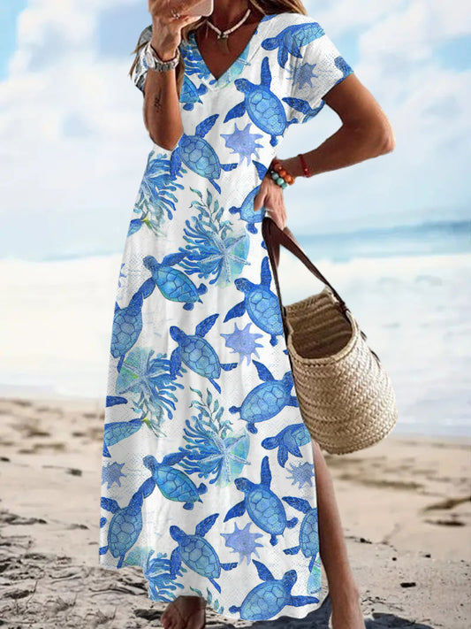 Sea Turtle Watercolor Print Short Sleeve V Neck Maxi Dress