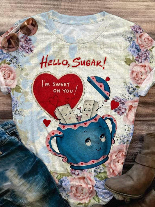 Hello Sucar I'm Sweet On You Valentine's Day Floral Print T-Shirt