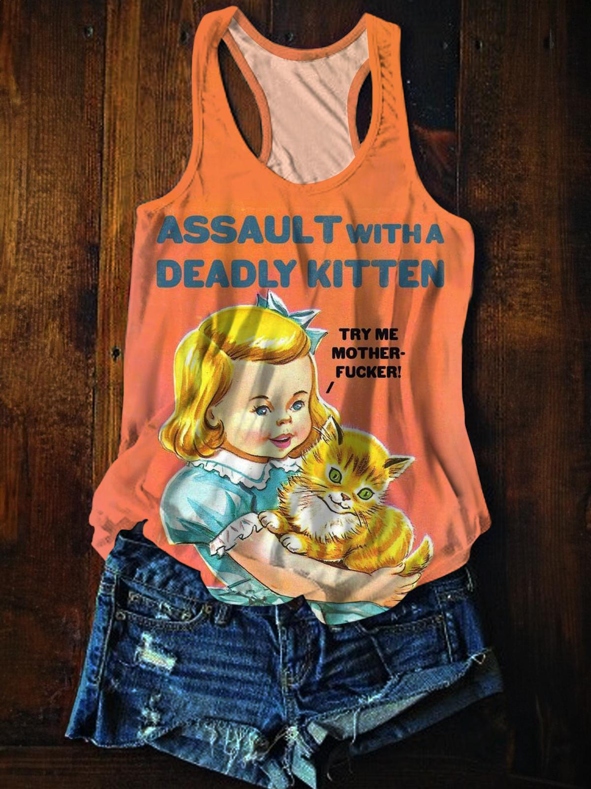 Assault With A Deadly Kitten Printed Casual Tank Top